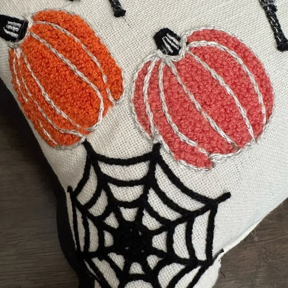 Halloween Party Embellished Spiderweb Ghost Bat Pumpkins Fall Throw Pillow
